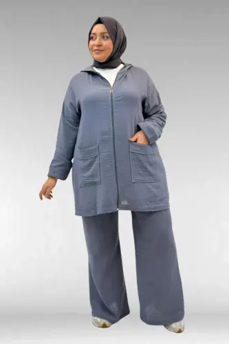 67035 Büyük Beden Kapşonlu Fermuarlı Müslin Pantolonlu Takım - Antrasit - BÜYÜKBEDENIZ (1)