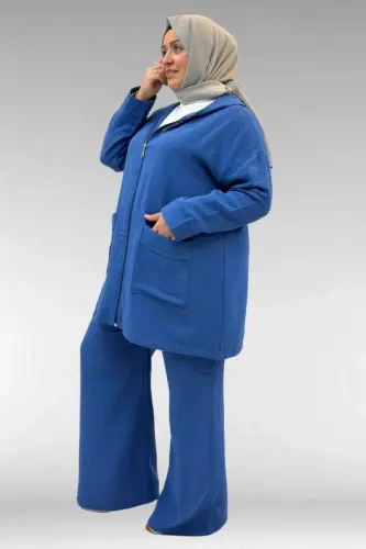 67035 Büyük Beden Kapşonlu Fermuarlı Müslin Pantolonlu Takım - İndigo - BÜYÜKBEDENIZ (1)