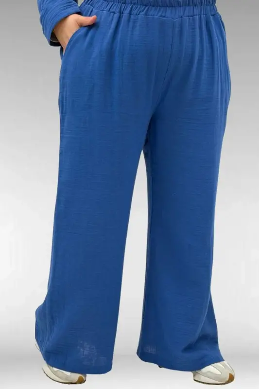 67035 Büyük Beden Kapşonlu Fermuarlı Müslin Pantolonlu Takım - İndigo - 3