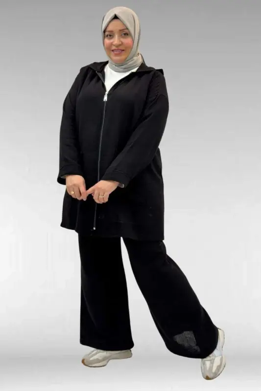 67035 Büyük Beden Kapşonlu Fermuarlı Müslin Pantolonlu Takım - Siyah - BÜYÜKBEDENIZ