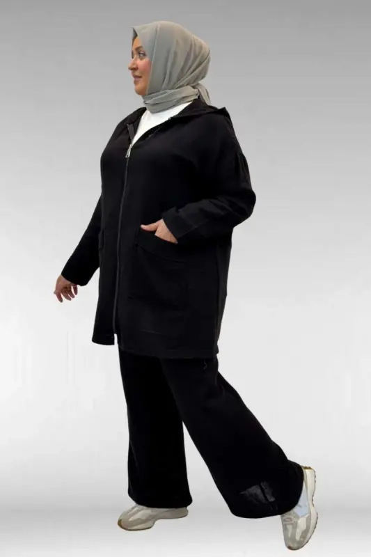 67035 Büyük Beden Kapşonlu Fermuarlı Müslin Pantolonlu Takım - Siyah - 2