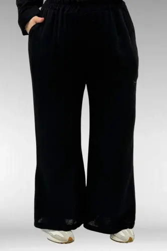 67035 Büyük Beden Kapşonlu Fermuarlı Müslin Pantolonlu Takım - Siyah - 3