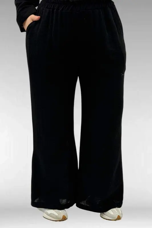 67035 Büyük Beden Kapşonlu Fermuarlı Müslin Pantolonlu Takım - Siyah - 3