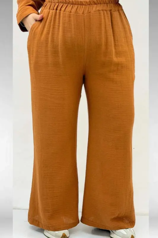 67035 Büyük Beden Kapşonlu Fermuarlı Müslin Pantolonlu Takım - Tarçın - 3