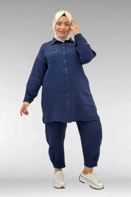 67036 Büyük Beden Cepli Düğmeli Müslin Pantolonlu Takım - Lacivert - BÜYÜKBEDENIZ