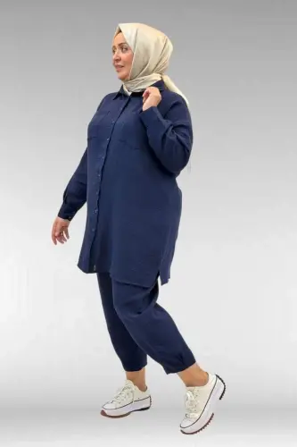 67036 Büyük Beden Cepli Düğmeli Müslin Pantolonlu Takım - Lacivert - BÜYÜKBEDENIZ (1)