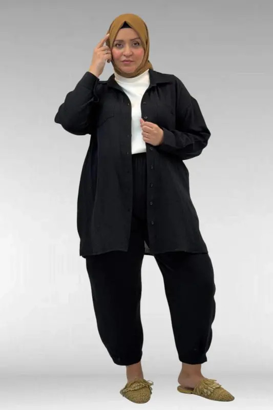 67036 Büyük Beden Cepli Düğmeli Müslin Pantolonlu Takım - Siyah - BÜYÜKBEDENIZ