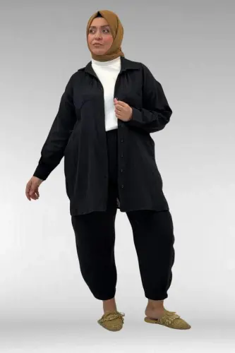 67036 Büyük Beden Cepli Düğmeli Müslin Pantolonlu Takım - Siyah - BÜYÜKBEDENIZ (1)