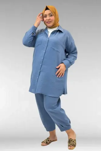 67036 Büyük Beden Cepli Düğmeli Müslin Pantolonlu Takım - Soğuk Mavi - BÜYÜKBEDENIZ (1)
