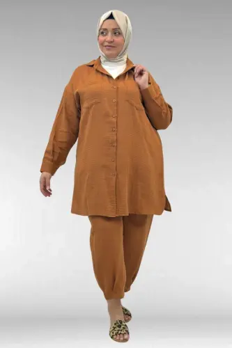 67036 Büyük Beden Cepli Düğmeli Müslin Pantolonlu Takım - Tarçın - BÜYÜKBEDENIZ (1)