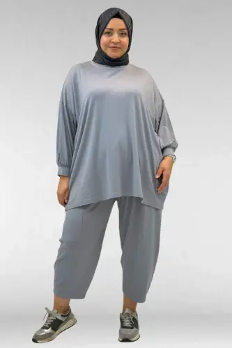 67037 Büyük Beden Düşük Kol Penye Pantolonlu Takım - Gri - BÜYÜKBEDENIZ (1)