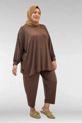 67037 Büyük Beden Düşük Kol Penye Pantolonlu Takım - Kahve - BÜYÜKBEDENIZ (1)