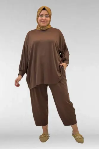 67037 Büyük Beden Düşük Kol Penye Pantolonlu Takım - Kahve - 1