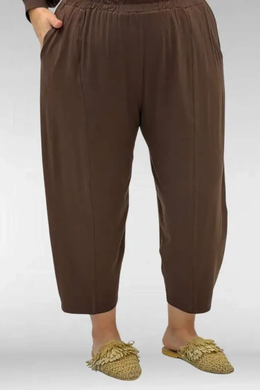 67037 Büyük Beden Düşük Kol Penye Pantolonlu Takım - Kahve - 3