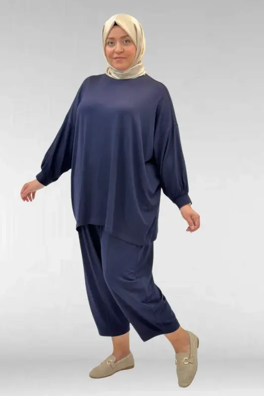 67037 Büyük Beden Düşük Kol Penye Pantolonlu Takım - Lacivert - BÜYÜKBEDENIZ