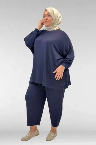 67037 Büyük Beden Düşük Kol Penye Pantolonlu Takım - Lacivert - BÜYÜKBEDENIZ (1)