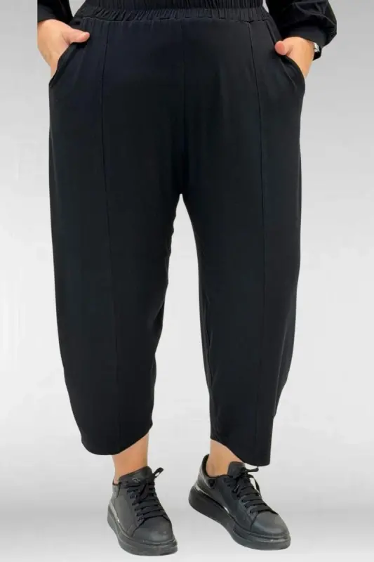 67037 Büyük Beden Düşük Kol Penye Pantolonlu Takım - Siyah - 3