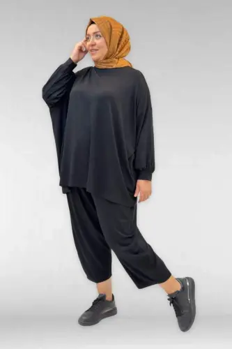67037 Büyük Beden Düşük Kol Penye Pantolonlu Takım - Siyah - BÜYÜKBEDENIZ (1)