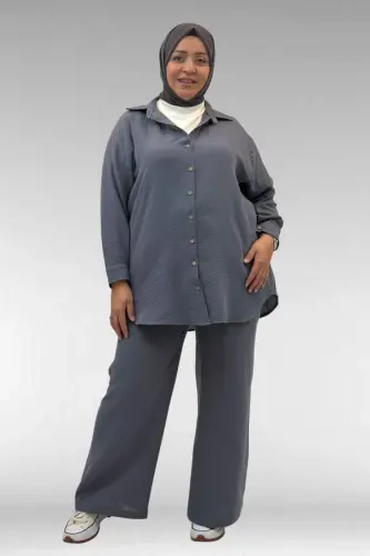 67038 Büyük Beden Erkek Yakalı Müslin Pantolonlu Takım - Antrasit - 1
