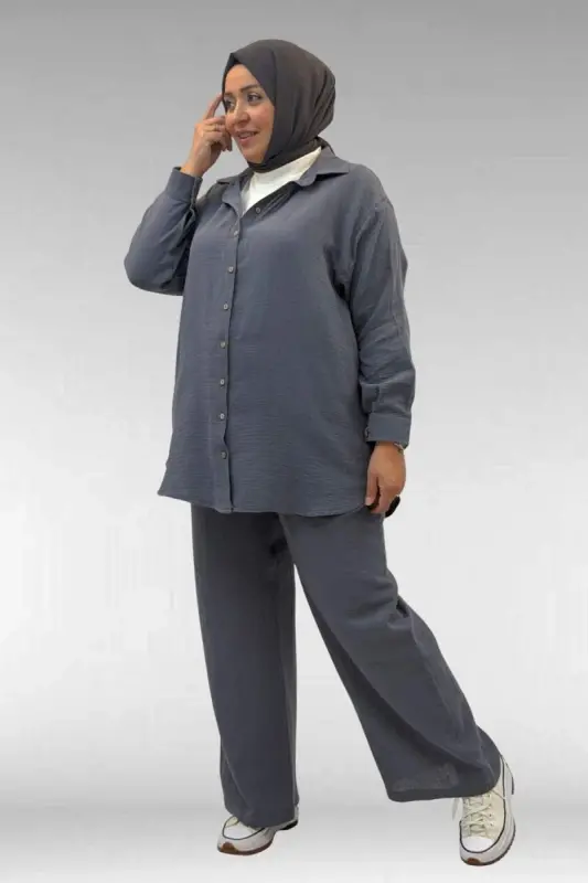 67038 Büyük Beden Erkek Yakalı Müslin Pantolonlu Takım - Antrasit - 2