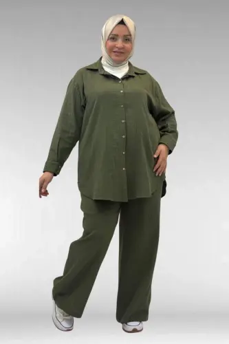 67038 Büyük Beden Erkek Yakalı Müslin Pantolonlu Takım - Haki - 1