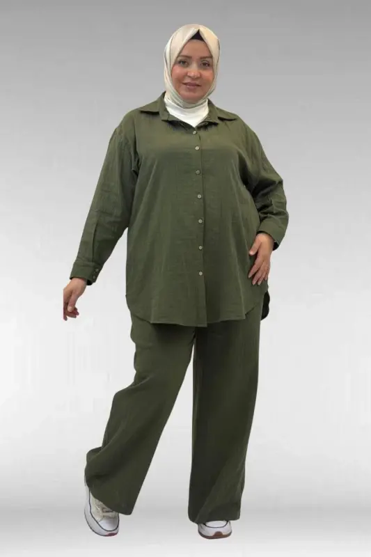 67038 Büyük Beden Erkek Yakalı Müslin Pantolonlu Takım - Haki - 1