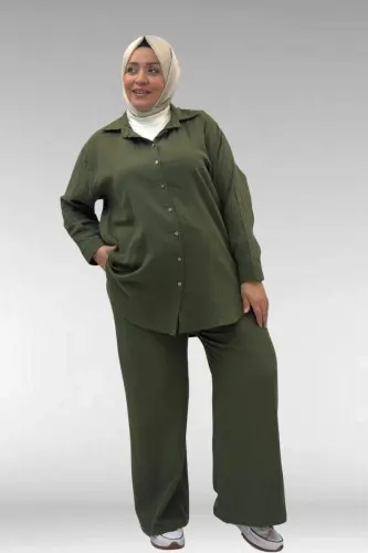 67038 Büyük Beden Erkek Yakalı Müslin Pantolonlu Takım - Haki - 3