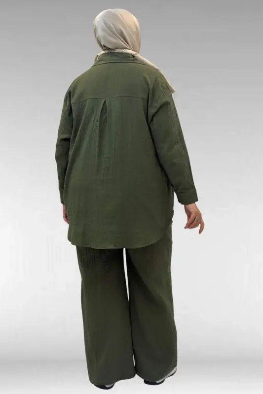 67038 Büyük Beden Erkek Yakalı Müslin Pantolonlu Takım - Haki - 4