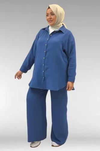 67038 Büyük Beden Erkek Yakalı Müslin Pantolonlu Takım - İndigo - BÜYÜKBEDENIZ (1)