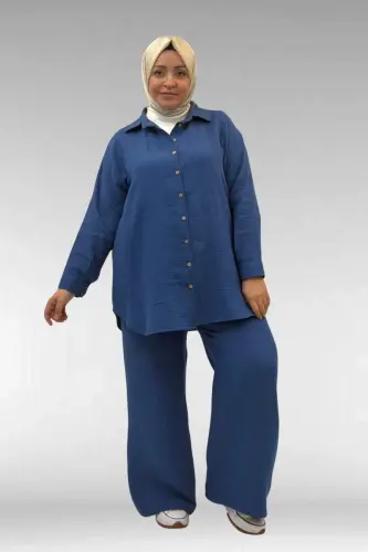 67038 Büyük Beden Erkek Yakalı Müslin Pantolonlu Takım - İndigo - 1