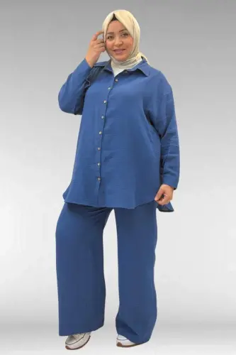 67038 Büyük Beden Erkek Yakalı Müslin Pantolonlu Takım - İndigo - 3