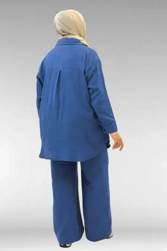 67038 Büyük Beden Erkek Yakalı Müslin Pantolonlu Takım - İndigo - 4