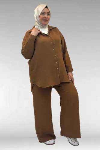 67038 Büyük Beden Erkek Yakalı Müslin Pantolonlu Takım - Kahve - BÜYÜKBEDENIZ (1)