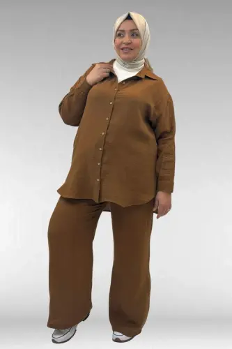 67038 Büyük Beden Erkek Yakalı Müslin Pantolonlu Takım - Kahve - 1