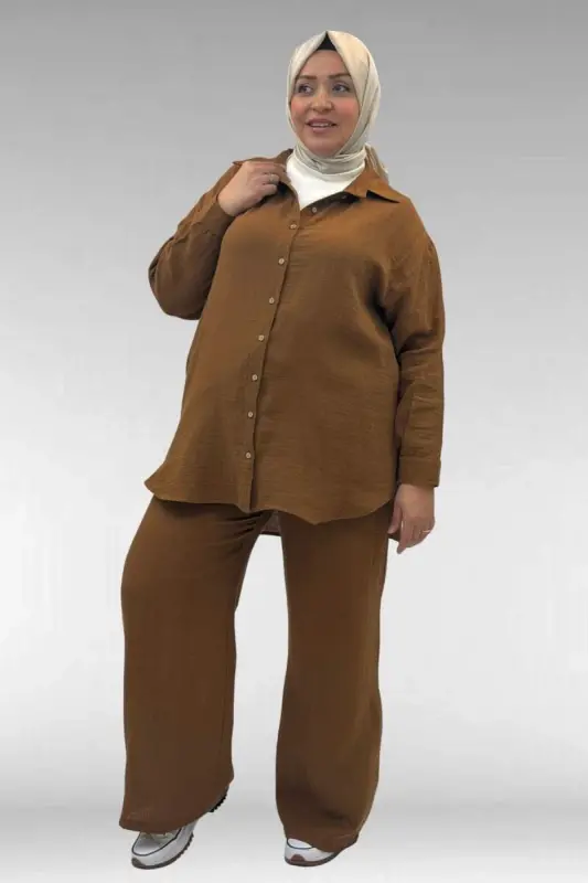 67038 Büyük Beden Erkek Yakalı Müslin Pantolonlu Takım - Kahve - 1