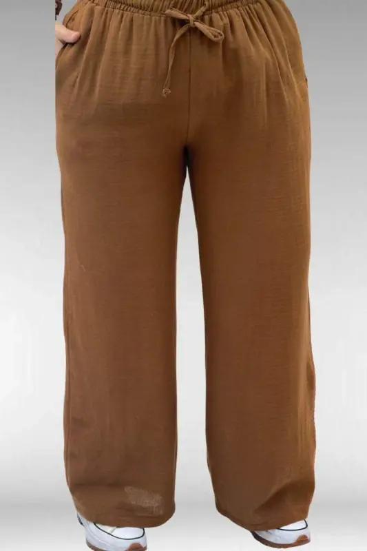 67038 Büyük Beden Erkek Yakalı Müslin Pantolonlu Takım - Kahve - 3