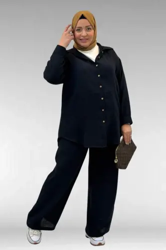 67038 Büyük Beden Erkek Yakalı Müslin Pantolonlu Takım - Siyah - 1