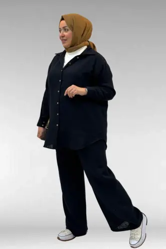 67038 Büyük Beden Erkek Yakalı Müslin Pantolonlu Takım - Siyah - BÜYÜKBEDENIZ (1)