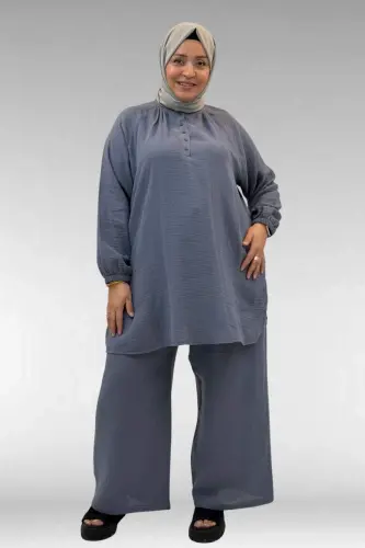 67039 Büyük Beden Yarım Patlı Sıfır Yaka Müslin Pantolonlu Takım - Antrasit - 1