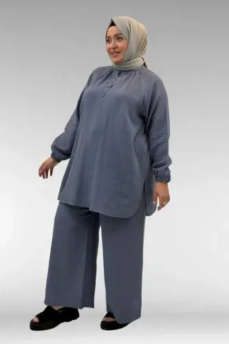 67039 Büyük Beden Yarım Patlı Sıfır Yaka Müslin Pantolonlu Takım - Antrasit - 3
