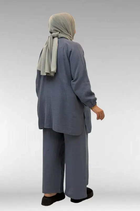 67039 Büyük Beden Yarım Patlı Sıfır Yaka Müslin Pantolonlu Takım - Antrasit - 4