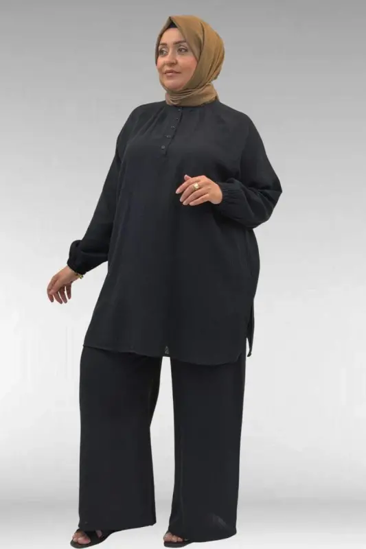 67039 Büyük Beden Yarım Patlı Sıfır Yaka Müslin Pantolonlu Takım - Siyah - 3