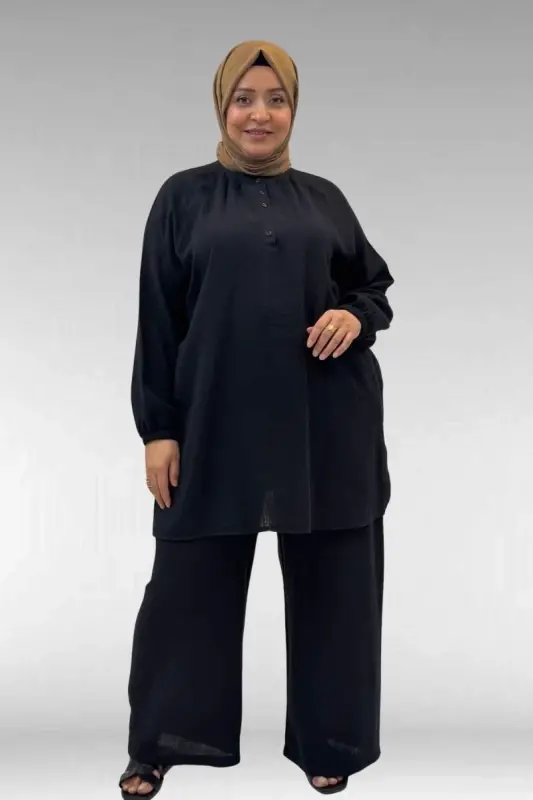 67039 Büyük Beden Yarım Patlı Sıfır Yaka Müslin Pantolonlu Takım - Siyah - BÜYÜKBEDENIZ
