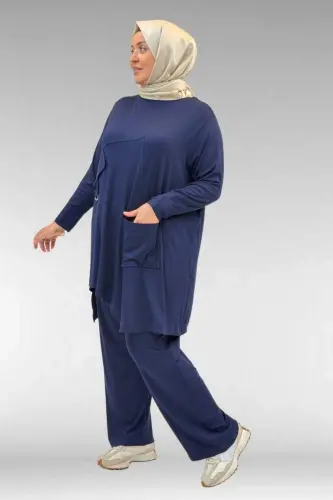 67040 Büyük Beden Cep Kapak Modelli D Halka Detaylı Penye Pantolonlu Takım - Lacivert - BÜYÜKBEDENIZ (1)