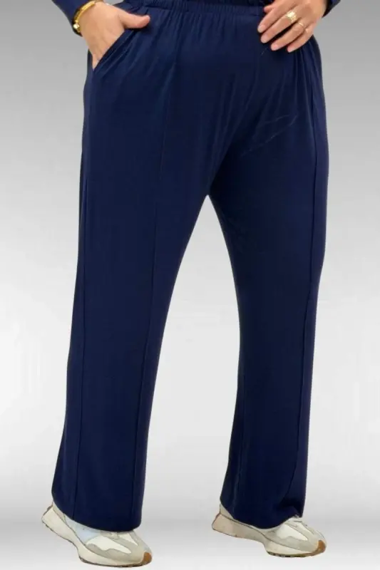 67040 Büyük Beden Cep Kapak Modelli D Halka Detaylı Penye Pantolonlu Takım - Lacivert - 3