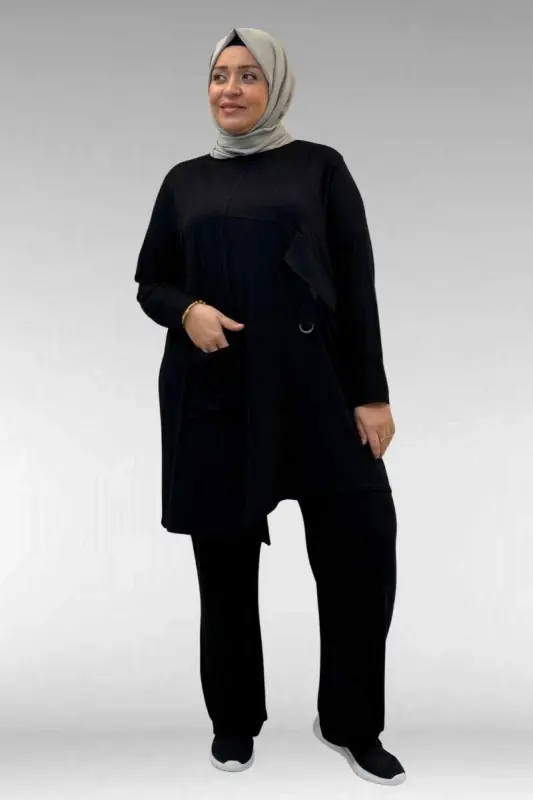 67040 Büyük Beden Cep Kapak Modelli D Halka Detaylı Penye Pantolonlu Takım - Siyah - 2