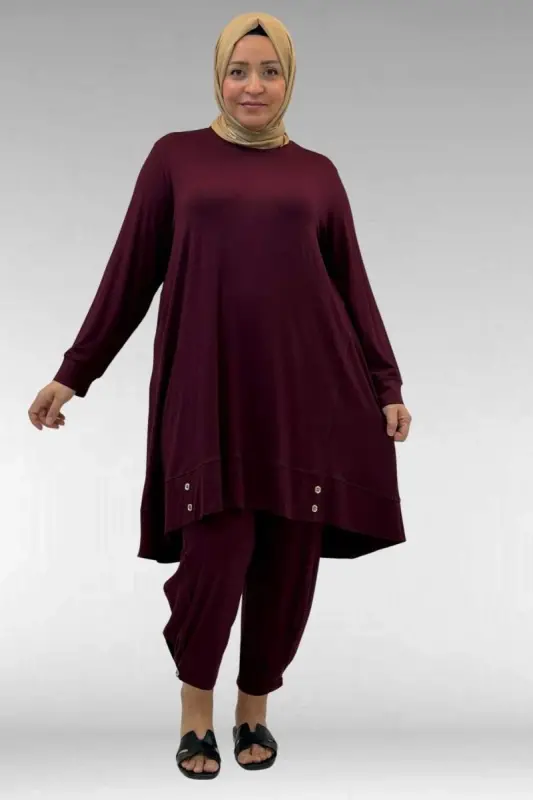 67041 Büyük Beden Düğme Detaylı Penye Pantolonlu Takım - Bordo - BÜYÜKBEDENIZ
