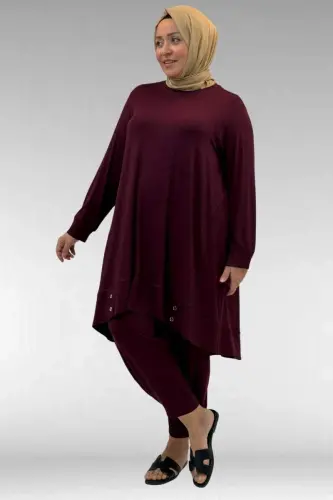 67041 Büyük Beden Düğme Detaylı Penye Pantolonlu Takım - Bordo - 2