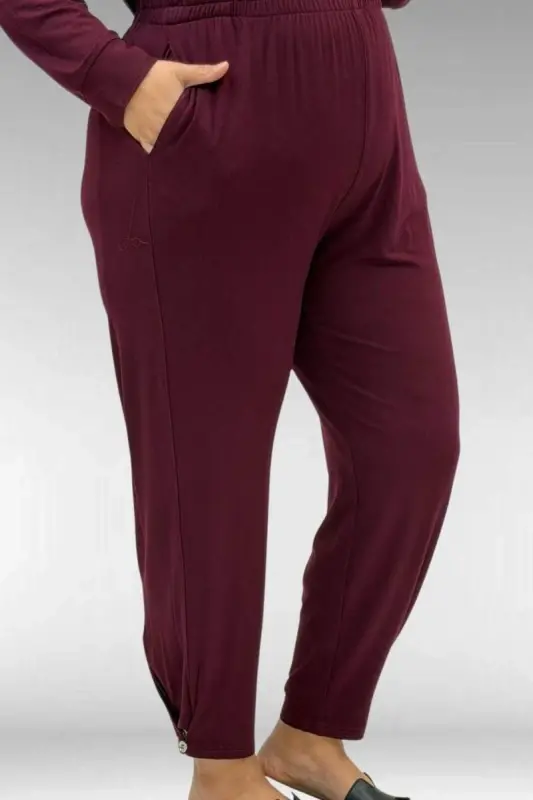 67041 Büyük Beden Düğme Detaylı Penye Pantolonlu Takım - Bordo - 3