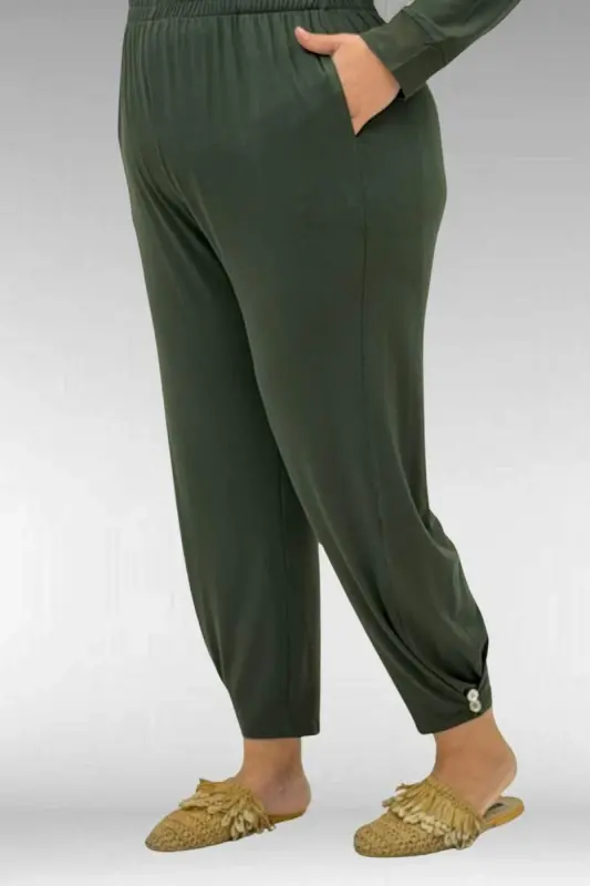 67041 Büyük Beden Düğme Detaylı Penye Pantolonlu Takım - Haki - 3